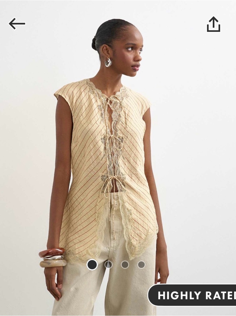 Topshop Cream Lace-Trim Tie-Front Cap Sleeve Blouse